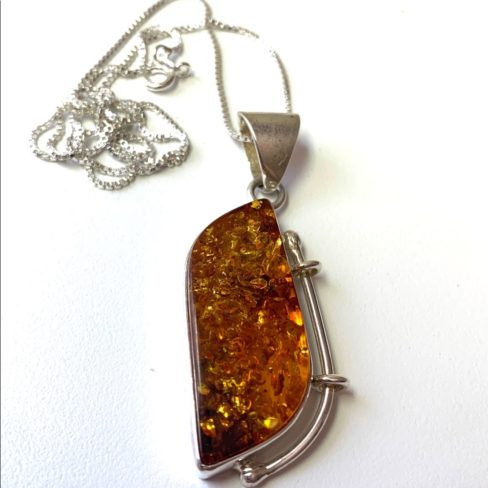 Orange Baltic Amber pendant sterling silver 925